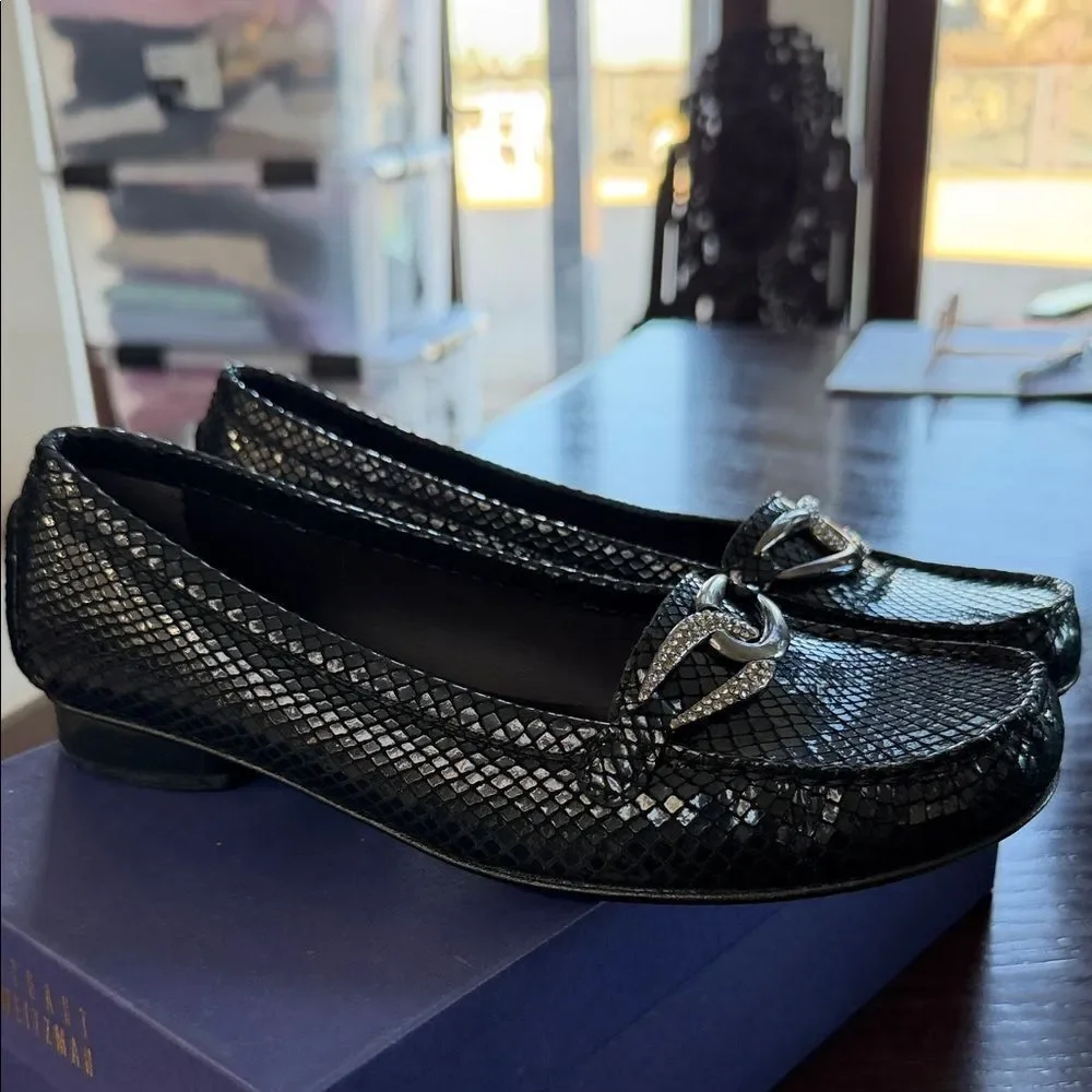 Stuart Weitzman Black Textured Loafers with Silver Accent